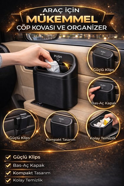 Car Interior Trash Can with Lid Black – Clip-On Auto Organizer Mini Trash Bin 15.5X14 cm