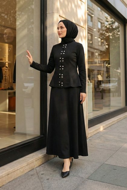 Scuba Suit with Double Snap Detail and Flared Skirt – Black - Black