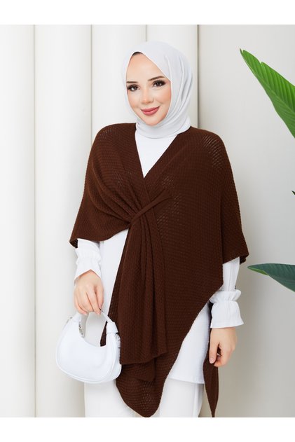 Women's Brown Front Detailed Poncho Cardigan