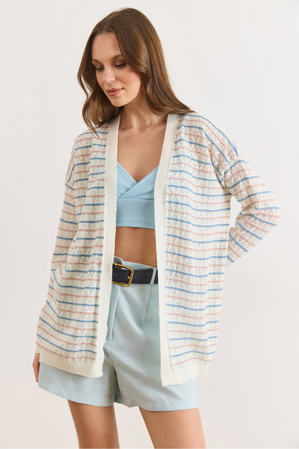 Women's White Colored Striped Openwork Seasonal Knitwear Cardigan Hrk-19000473