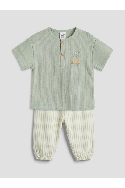 Giyçık Store Den Green Embroidered Baby Boy Muslin T-Shirt and Pants