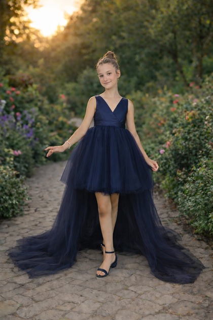 strapless open back dress High Low Long Sleeves V Neck Prom Dress, Dark Blue A Line Graduation D –  cherishgirls main image 1