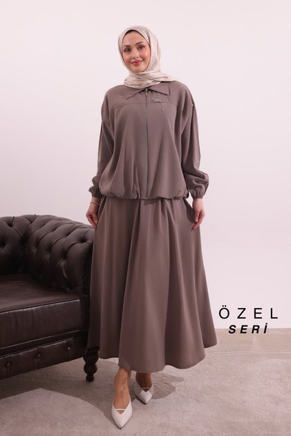 Zipper Detailed Shirt Collar Woven Skirt Hijab Suit 3166 – Special Series