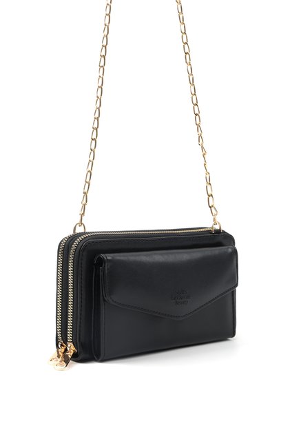 Black Shk271 Faux Leather Envelope Model with 5 Compartments, Chain, Phone Holder and Shoulder Bag