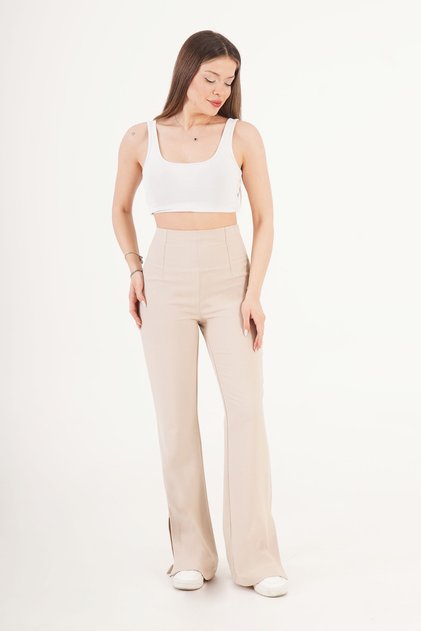 High Waist Bell-Bottom Slit Beige Trousers