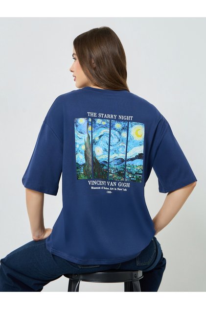 Navy Blue Oversized Starry Night Graphic T-Shirt