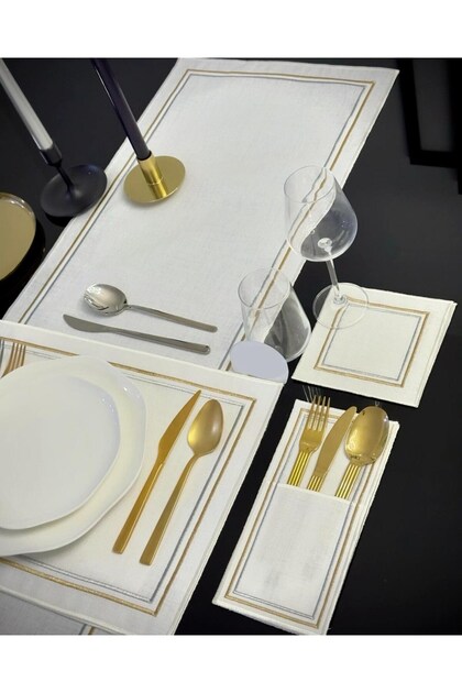 19-Piece Special Design Linen American Service and Runner Set - Dowry Table Set with Gold Stripe Embroidery