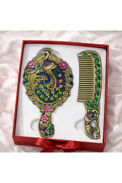 Ottoman Palace Collection Embroidered Hand Mirror and Comb Set with Antique Copper Stones, Luxurious Gift Boxed