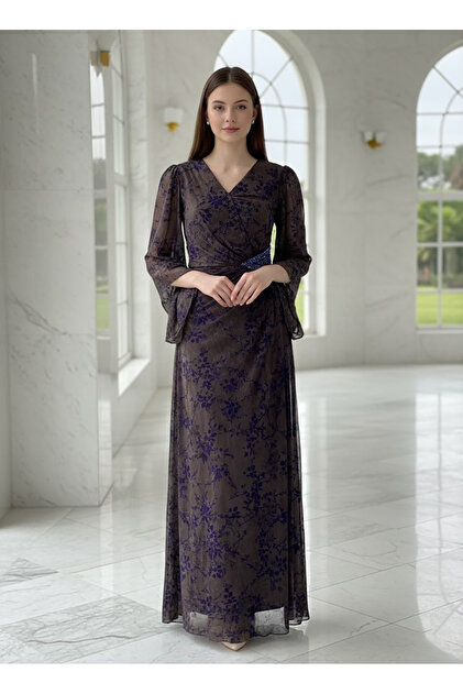 DVNA Floral chiffon evening dress with draped design and crystal belt, gray/purple-  Trendyol