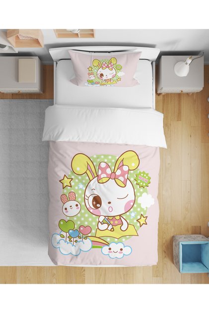 Rabbit Themed 3D Digital Printed Single Bed Sheetless Girl's Duvet Cover Set