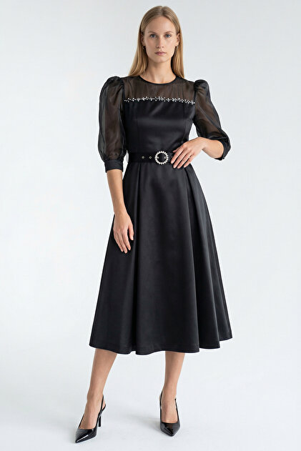 Waist-Slit Crystal Stone Embellished Satin Regular Black Midi Dress