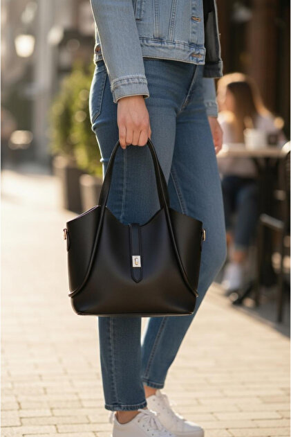 Lock Detailed Tote Women's Hand and Shoulder Bag with Puppy Detail and Inner Bag