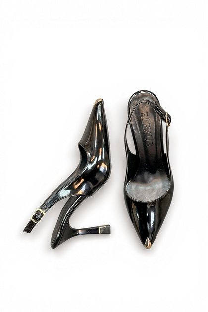 Women's Black Patent Leather Medium Heel Stiletto Toe Buckle New Season F602