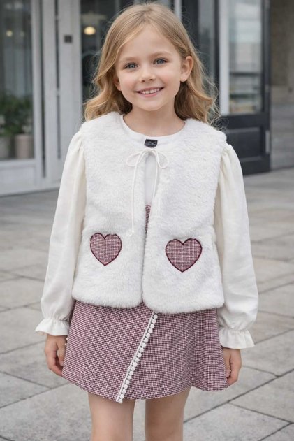 Heart Detailed Plush Vest, Shorts and Skirt 3-Piece Set