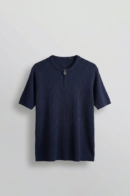 Men's Regular Fit Premium Ribbed Knitwear T-Shirt Navy Blue