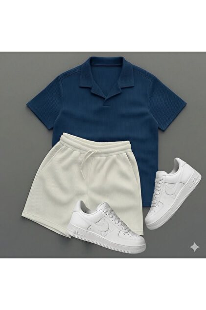 Men's Ribbed Ottoman Air-Permeable Fabric Polo Collar T-Shirt and Shorts 2-Piece Set