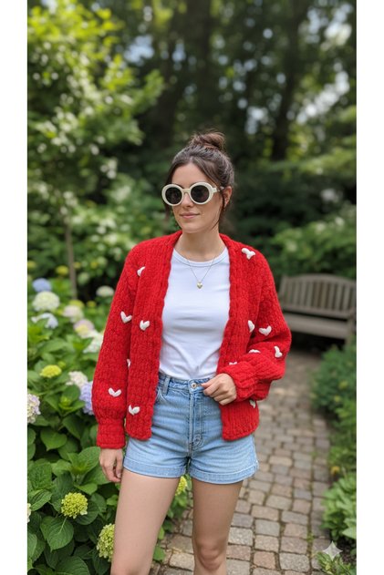 Hüma Natural Red Puffy Chunky Cardigan