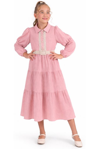 Girl's Button Closure Lace Detailed Belted Below Knee Lined Pink Color Dress