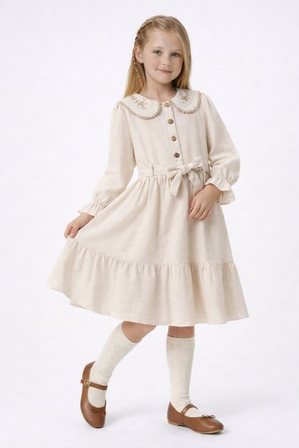 Lace Baby Collar Muslin Fabric Girls' Dress - Ecru