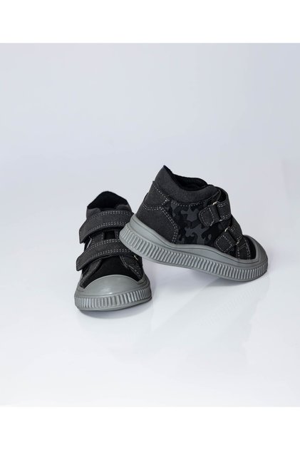 Children's Unisex Black Flexible Thermo Sole Double Velcro Strip Patterned Sports Short Boots