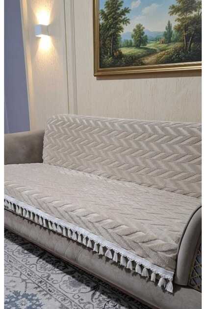 püsküllü Bohem Koltuk Örtüsü - Şönil Dokulu Kaymaz Koltuk Şalı -170x210 CM