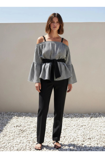Lined Cotton Woven Striped Blouse