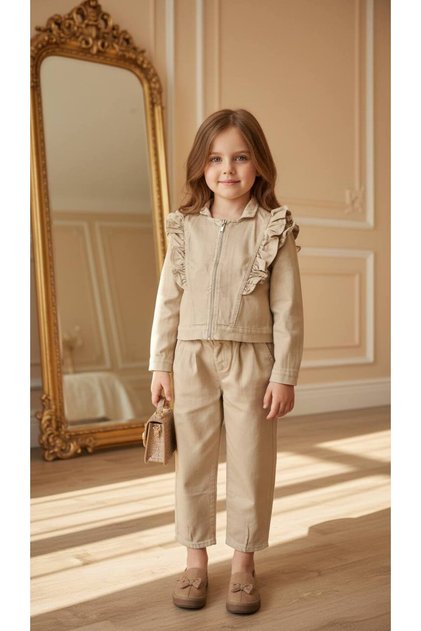 Firfir Detailled Stone Color Girls' Denim Jacket and Pants Two-Piece Set