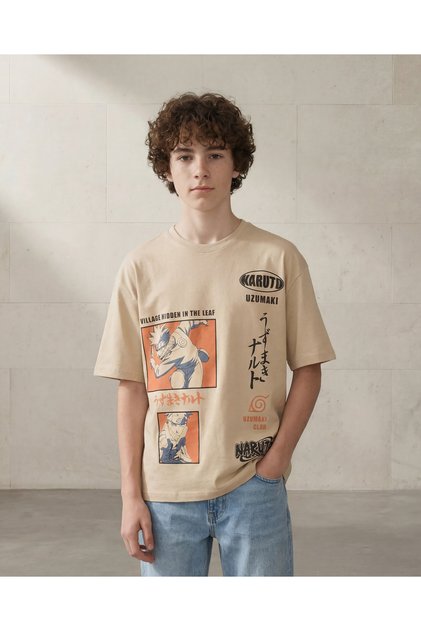 Senior Boys Beige Naruto Placement Print Oversize T-Shirt