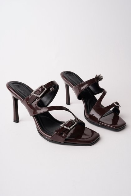 Women's Stone Detailed Double-Strapped 9 cm Thin Heeled Slippers – Stylish and Elegant Design