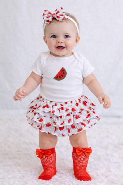 Baby Girl Watermelon Felted Bodysuit, Ruffled Shorts Skirt Set and Red Fishnet Socks Set