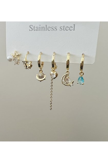 Steel 6-Piece Turtle Earring Set with Turquoise Drop Stones - Gold Color Acr9016