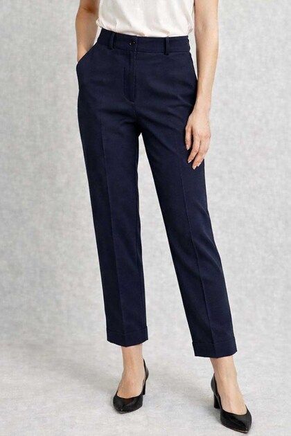 Plus Size Women's Slit Detail Ankle Length Fabric Trousers 07 Navy Blue
