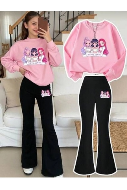 Seasonal Printed Sweatshirt and Spanish Flare Pants Set Pink - Black