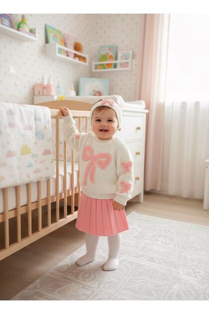 Baby Girl Knitwear Set with Bow, Skirt and Bandana, 3-Piece Festive Stylish Set Yk1838Gns