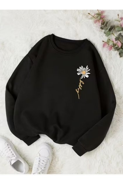 Happy Written Floral Printed Crew Neck Black Sweatshirt for Women