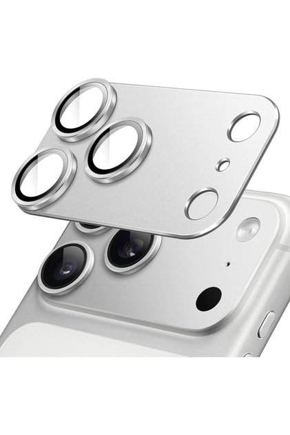 iPhone 17 Pro Compatible One-Piece Metal Frame Camera Lens Protector Full Coverage Tempered Glass-Silver
