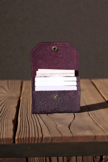 Women's Card Holder Purple Patterned Genuine Leather Small Wallet with Cash Compartment (10X9 cm)