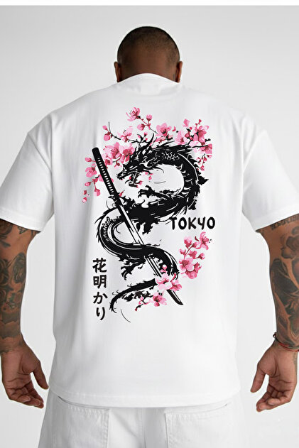 VEK Oversize Japon Ejderha Sakura Baskılı Tişört – Premium %100