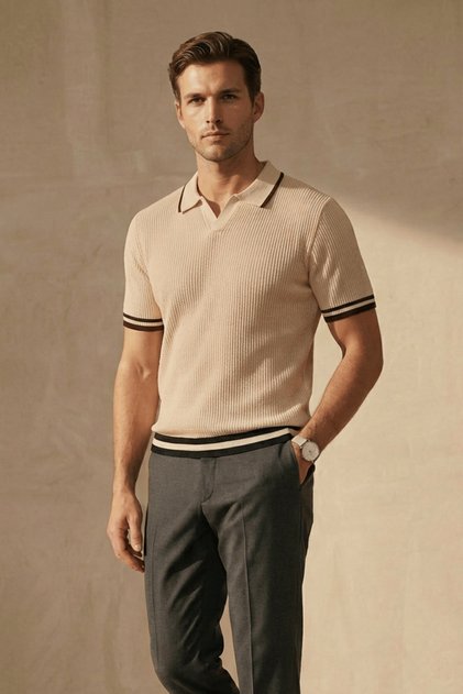 Tricou tricotat cu guler polo pentru bărbați, bej - Guler polo cu dungi, croială potrivită, de vară, tricotat