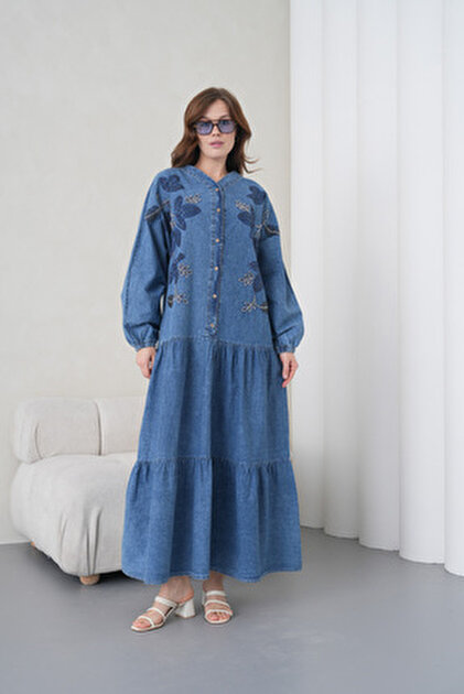 Miss Allos Women's Scarf Detailed Butterfly Embroidered Wide Fit Long Denim  Dress- Trendyol