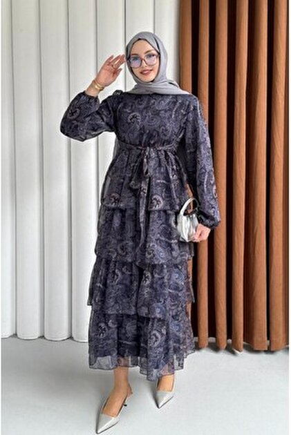 Molly Nelly Women's Layered Ethnic Pattern Printed Lined Long Dress-  Trendyol