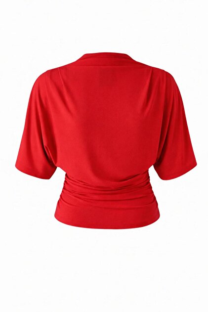 Women's Red Fitted Bat Sleeve Stretchy Knitted Blouse 0067