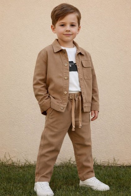 03-08 Years Old Linen Jacket Three-Piece Terry Suit - Beige