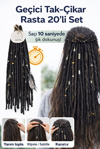 Geçici Saç Rastası Seti – Süslemeli Dreadlock Görünüm – Tak Çıkar Rasta – Bohem Festival Saçı