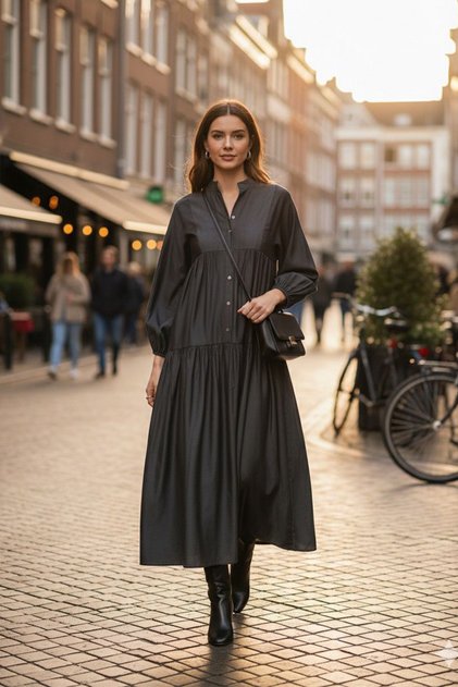Women's Anthracite Button Detailed Placketed Collar Oversize Loose 100% Tencel Fabric Long Dress