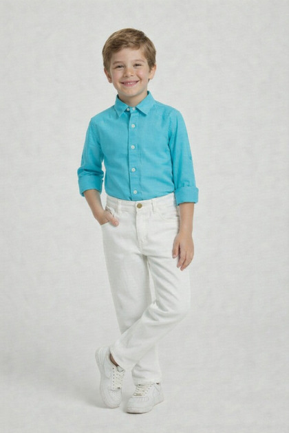 Boys' Turquoise Long Sleeve Shirt White Pants April 23 Show Outfits