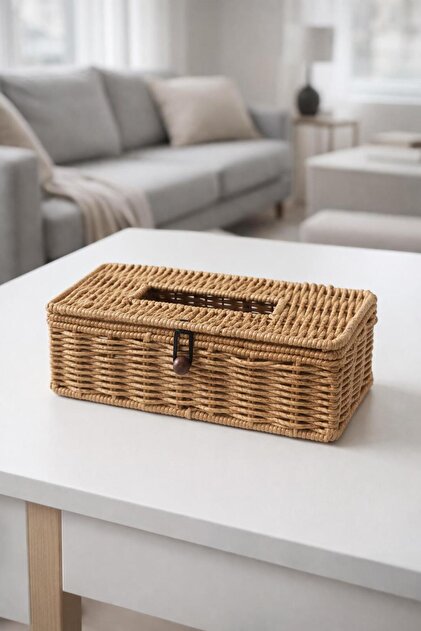 Handmade Rattan Napkin Holder Box with Lid, Paper Desktop Napkin Holder
