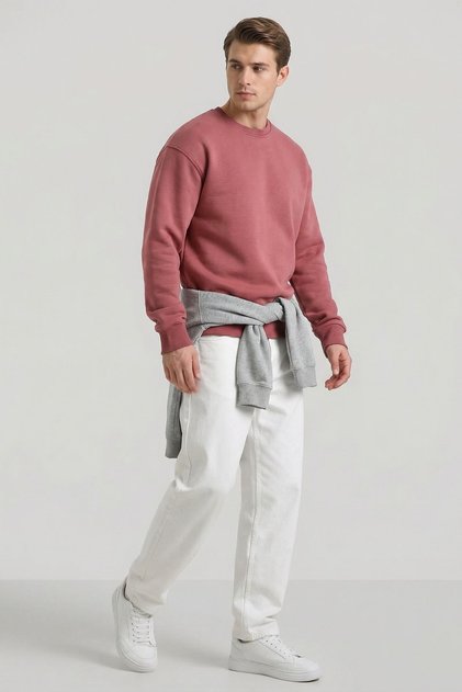 Erkek Oversize Basic Relax Pamuklu Bisiklet Yaka Sweatshirt GÜL KURUSU