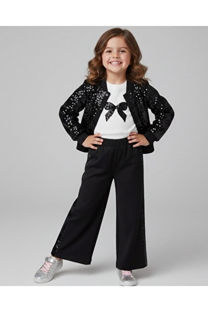 Girl's Sequined Cardigan and Trousers, 4-5-6-7-8-9-10 Years Old, Seasonal Stylish Holiday Outfit