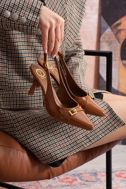 Women's Tan Patent Leather Biyana Model Open Classic Heeled Shoes with Strapped Buckle Detail